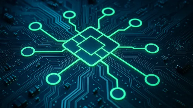 Glowing green circuit board design with a central