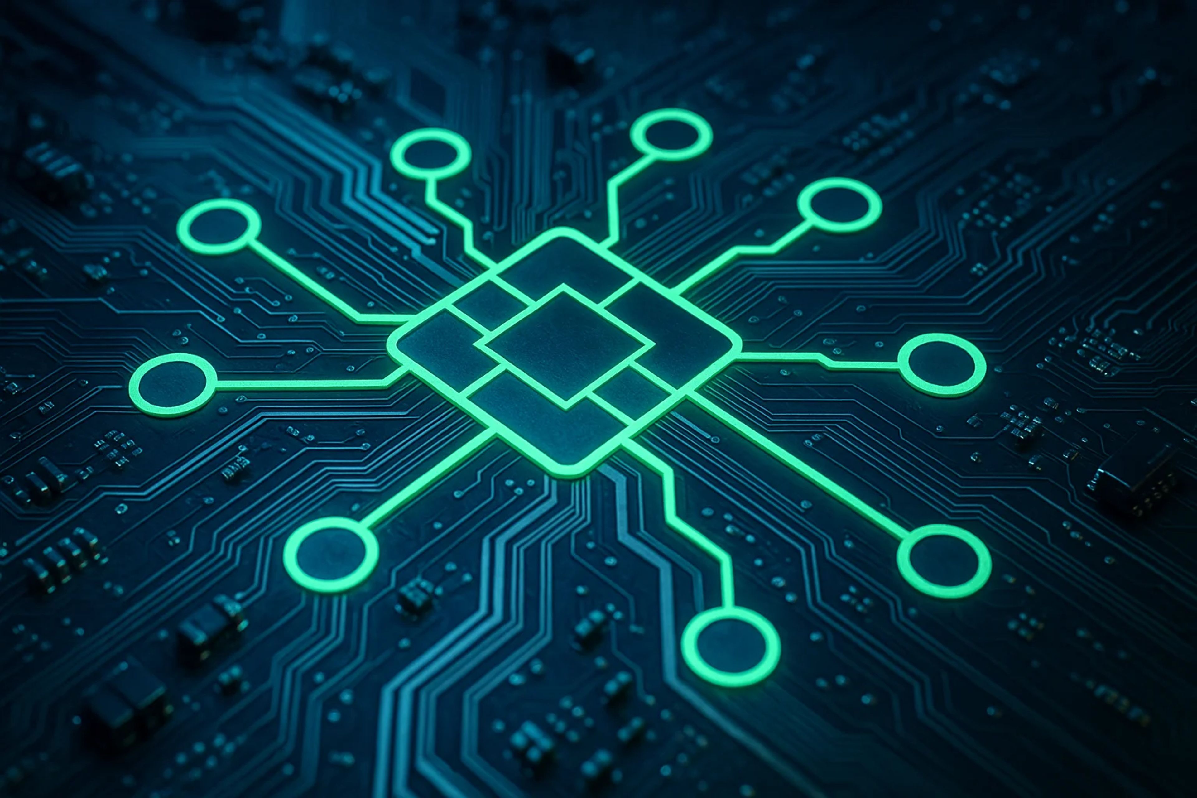 Glowing green circuit board design with a central