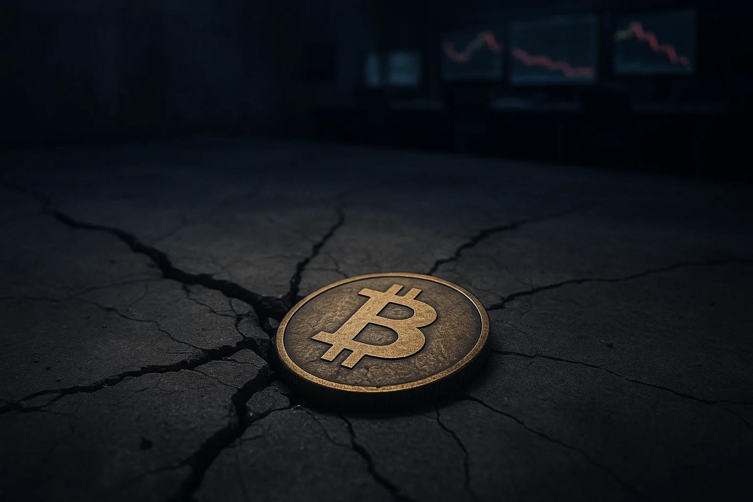 A Bitcoin coin resting on cracked concrete floor