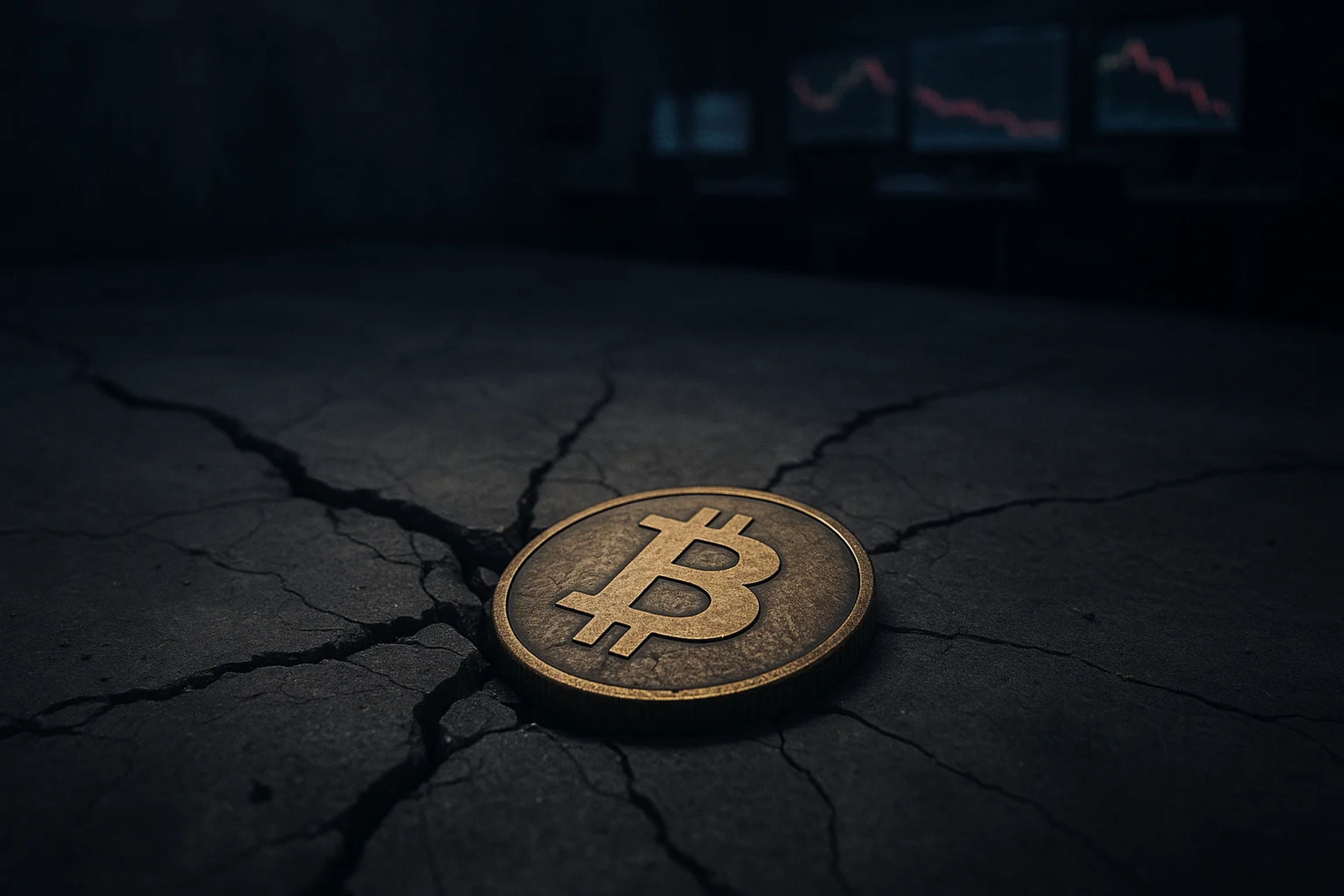 A Bitcoin coin resting on cracked concrete floor