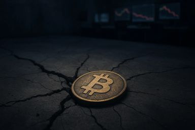 A Bitcoin coin resting on cracked concrete floor