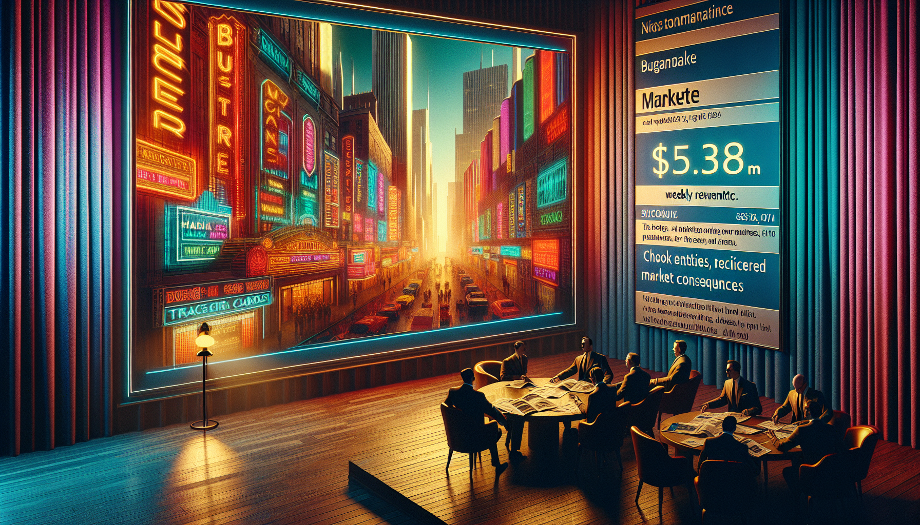 A dimly lit room with a large screen displaying a