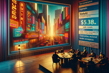 A dimly lit room with a large screen displaying a