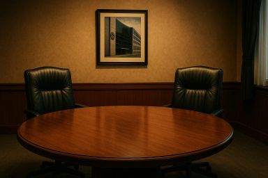 Wooden round table with two black chairs