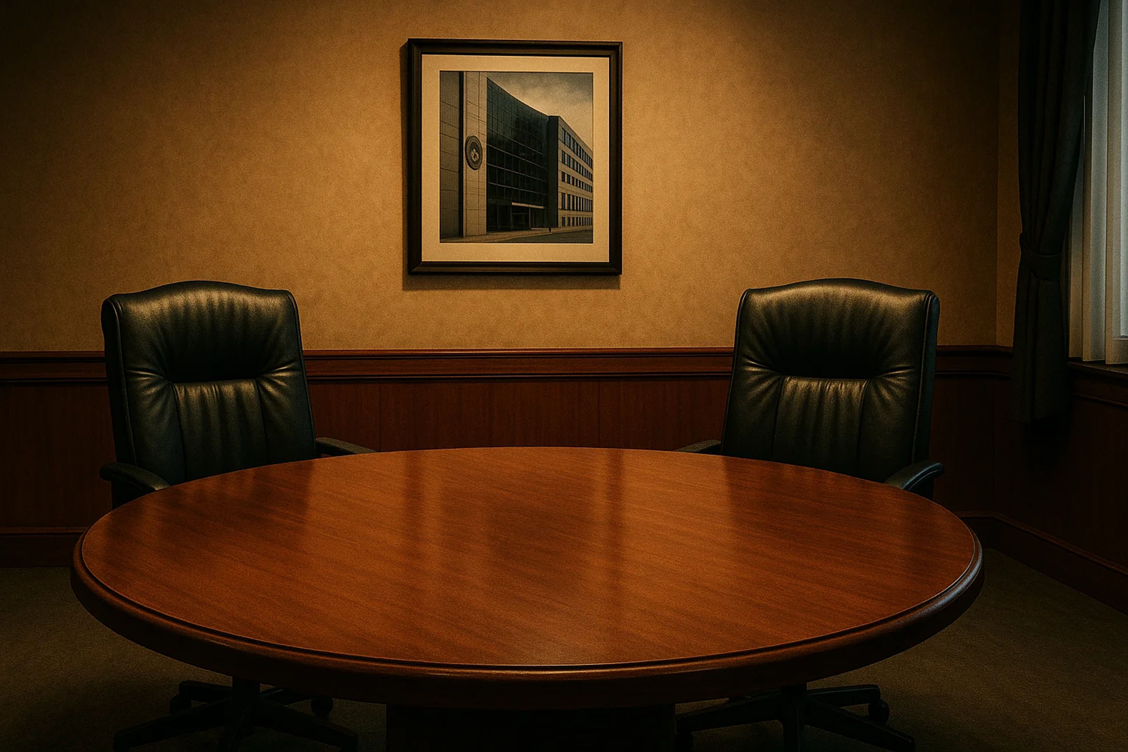 Wooden round table with two black chairs