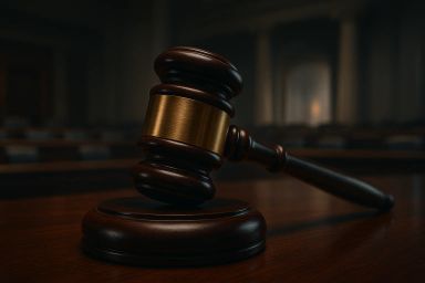 A wooden gavel resting on a polished table