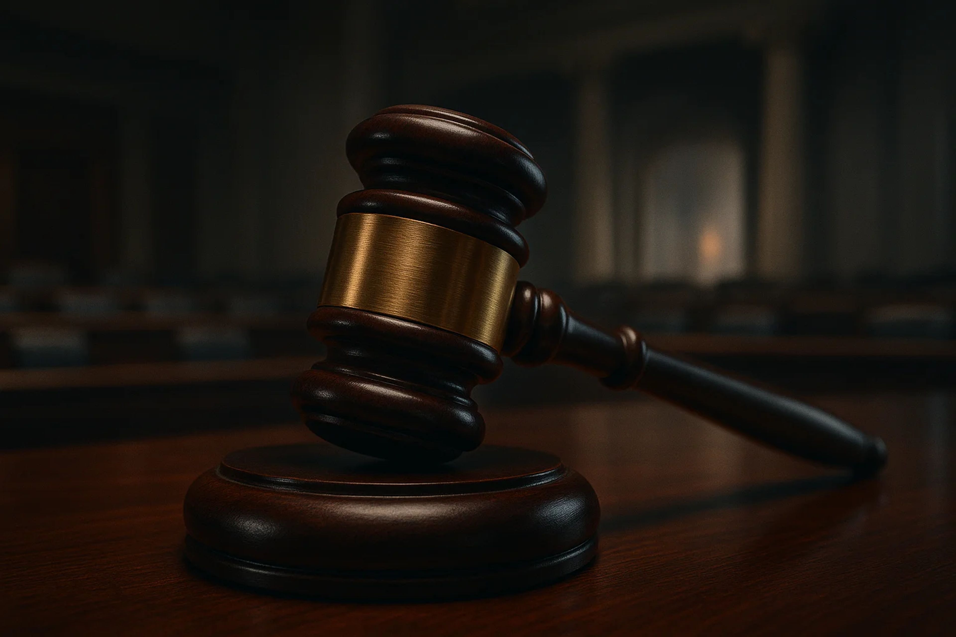 A wooden gavel resting on a polished table