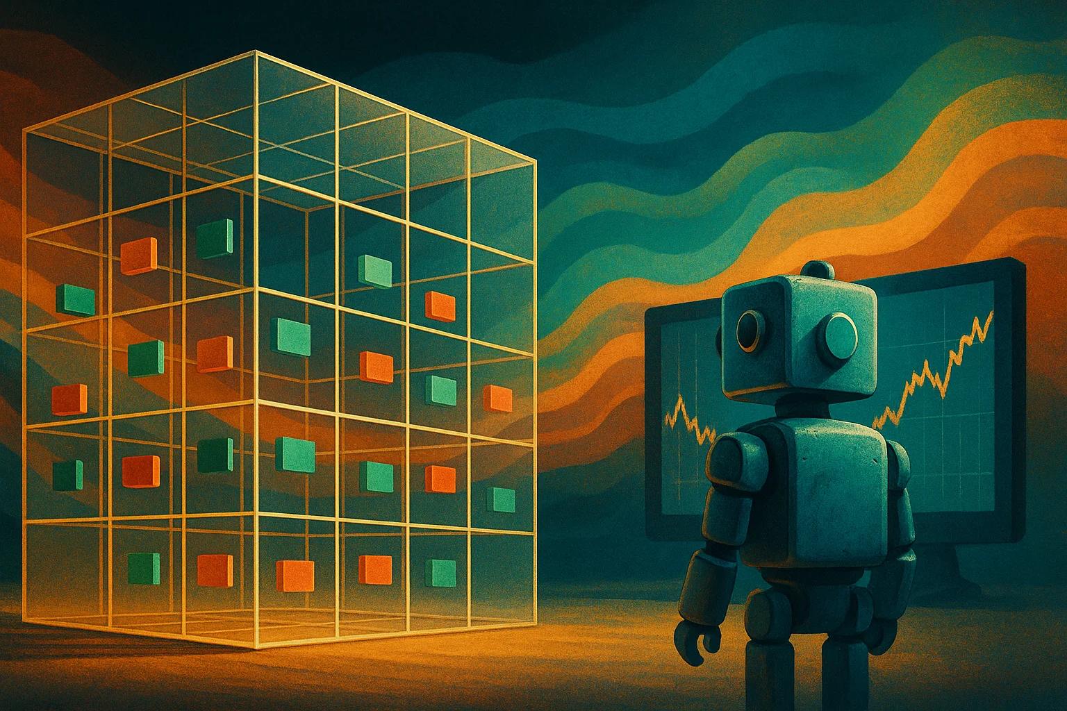 A stylized robot stands before a grid structure