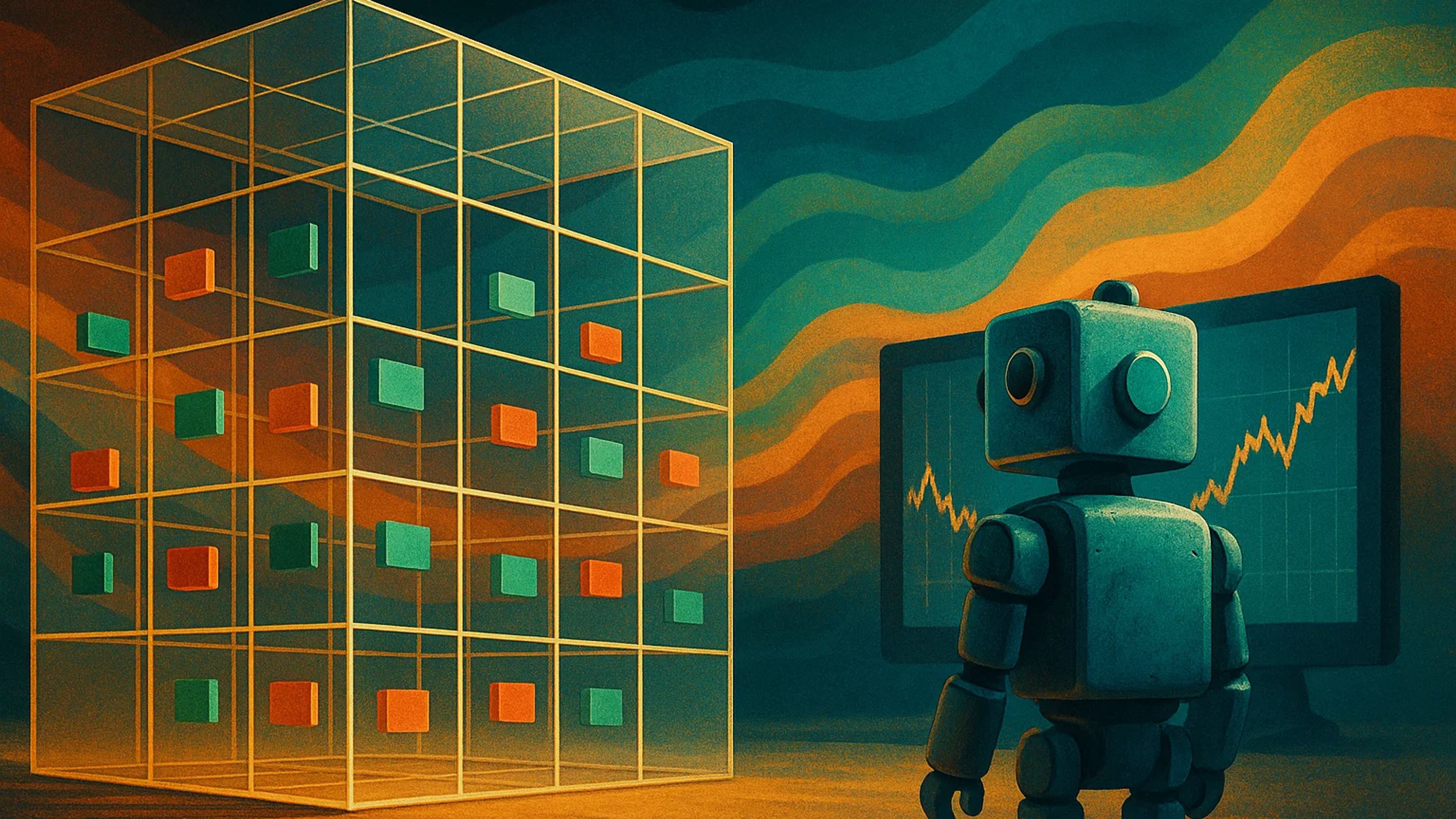 A stylized robot stands before a grid structure