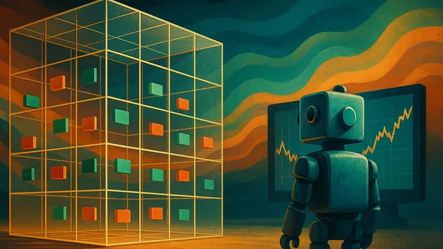A stylized robot stands before a grid structure