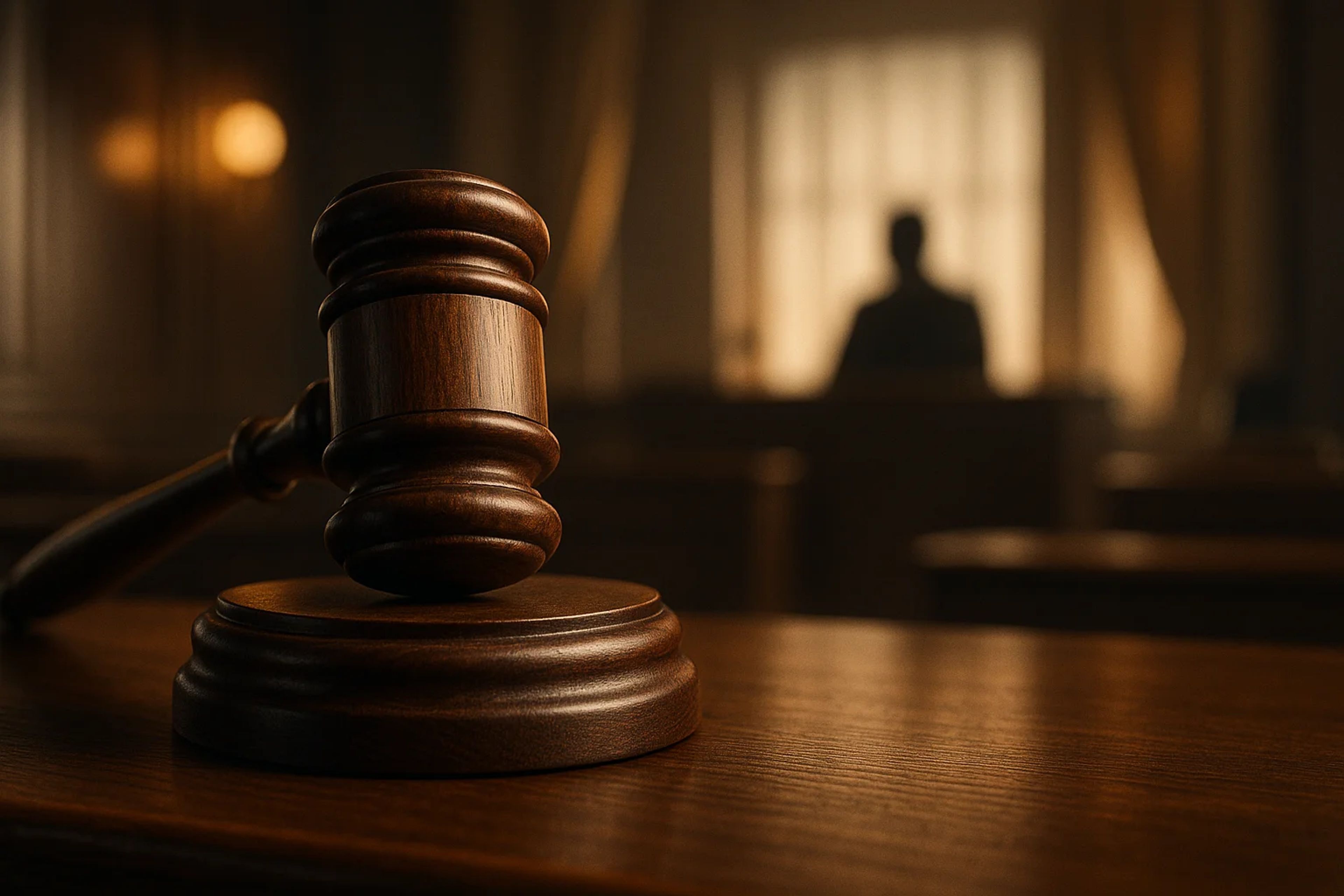 A wooden gavel rests on a desk in a dimly lit