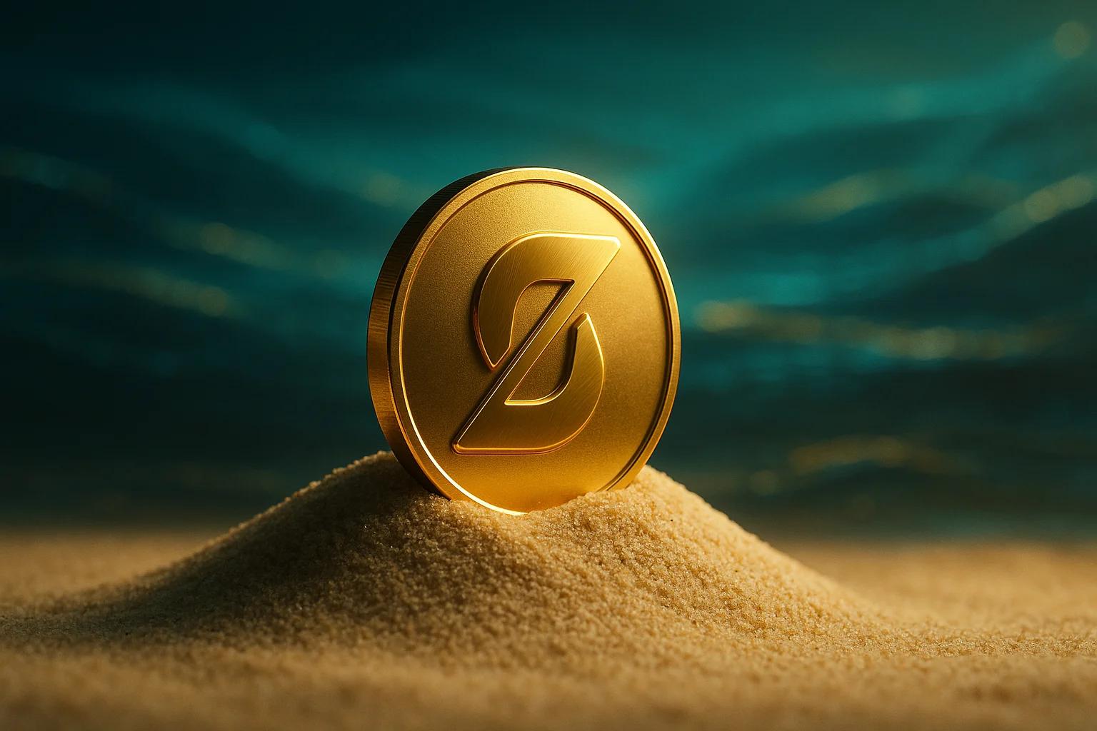 A golden coin resting on a mound of sand