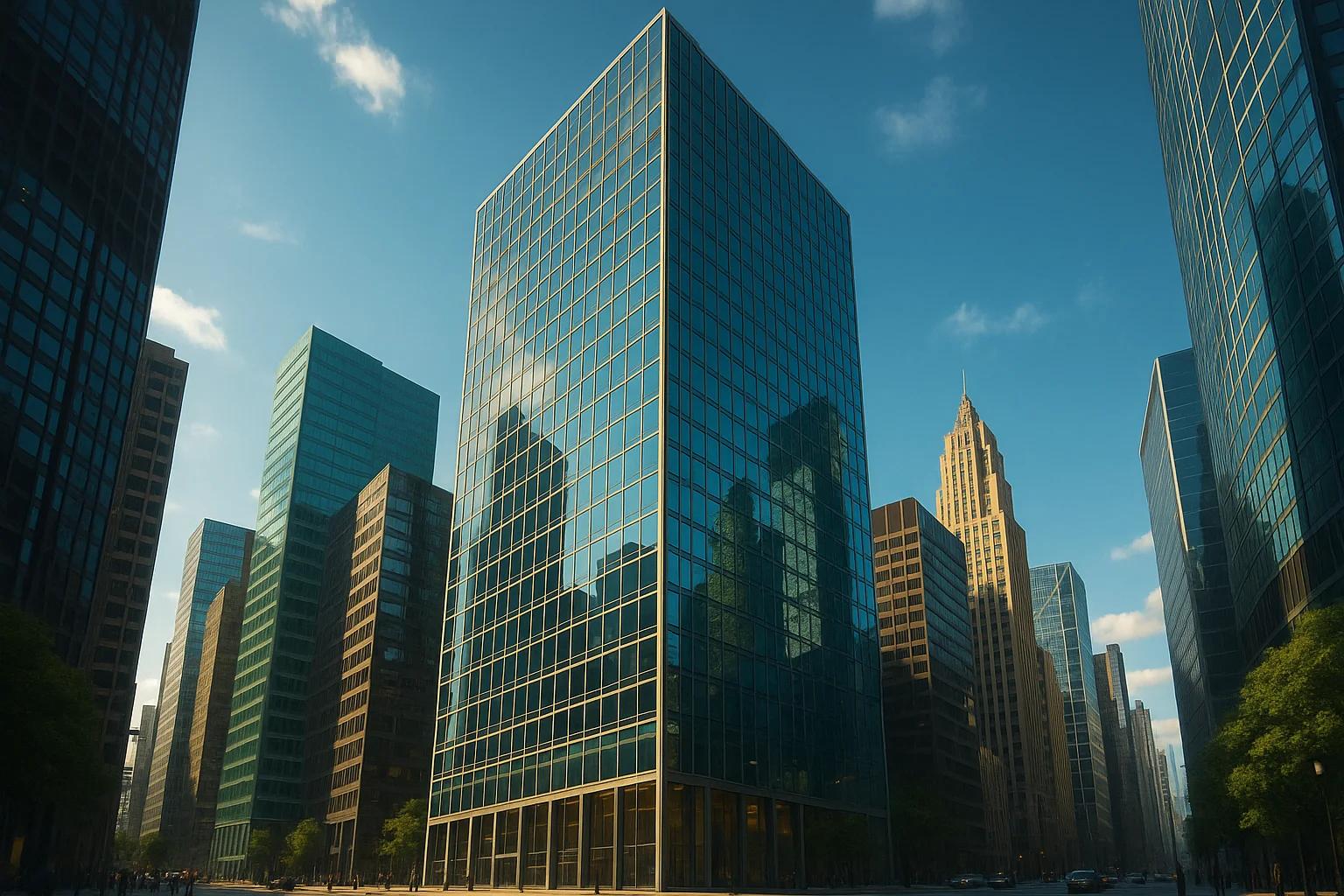Tall glass buildings reflecting sunlight in a city