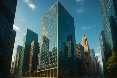 Tall glass buildings reflecting sunlight in a city