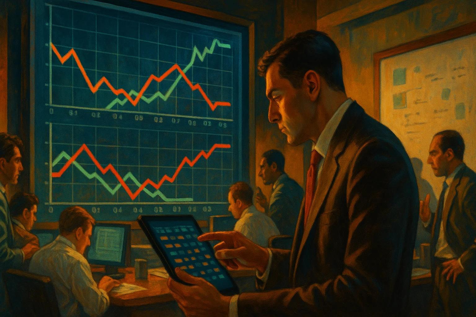 A man in a suit analyzes data on a tablet in a