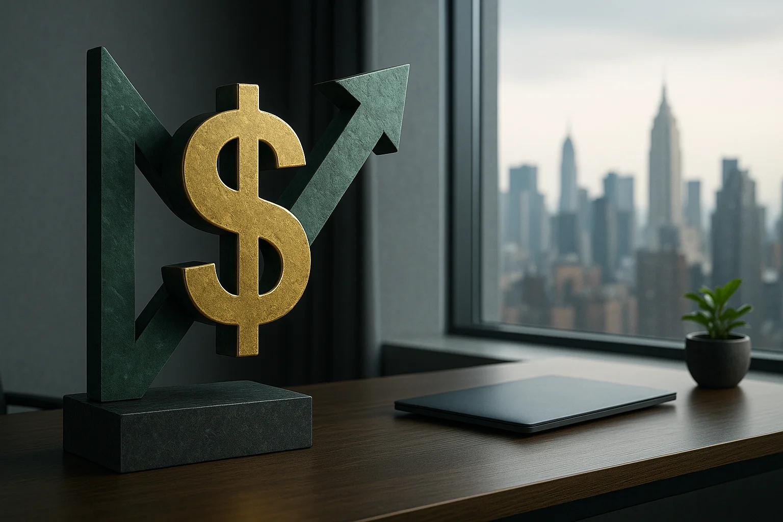 A decorative dollar sign sculpture on a desk with