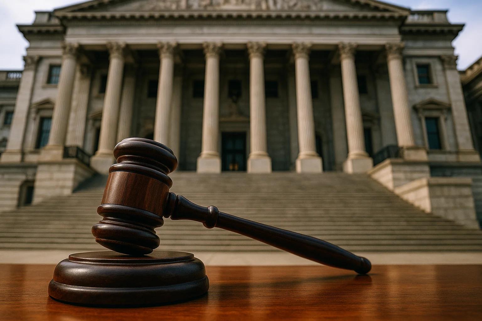 A wooden gavel resting on a table in front of a