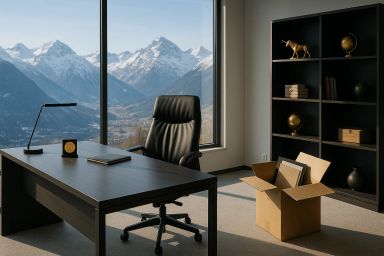 Modern office with a mountain view, desk, chair