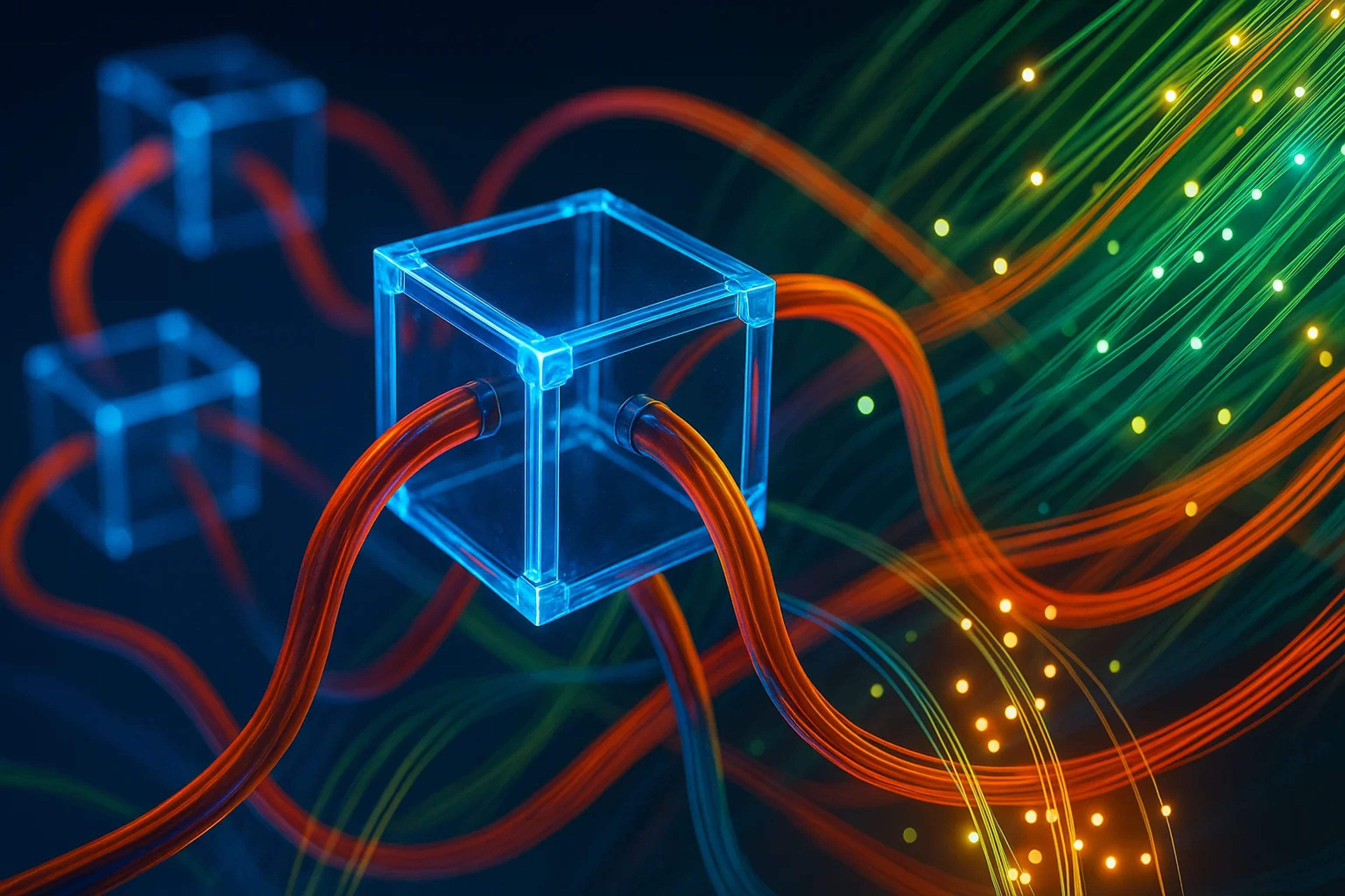Glowing wires connecting through a transparent