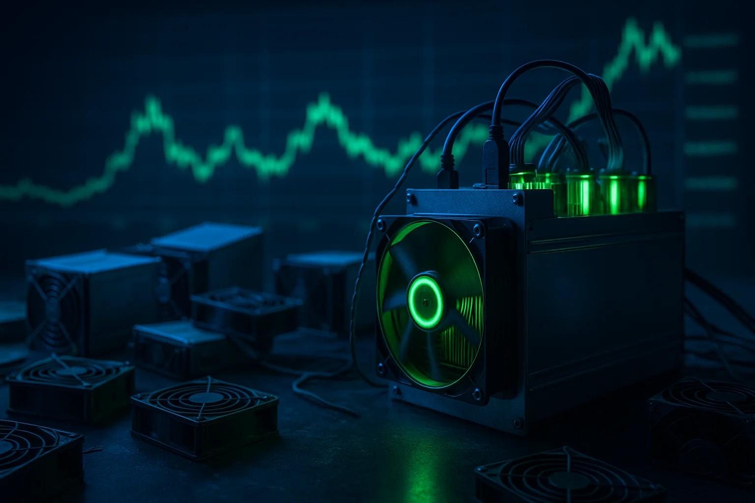 A mining rig with glowing green fans and cables