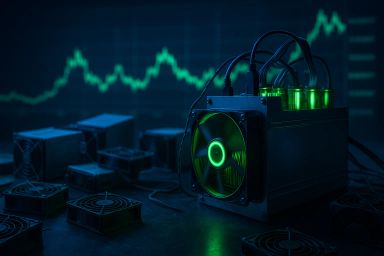 A mining rig with glowing green fans and cables