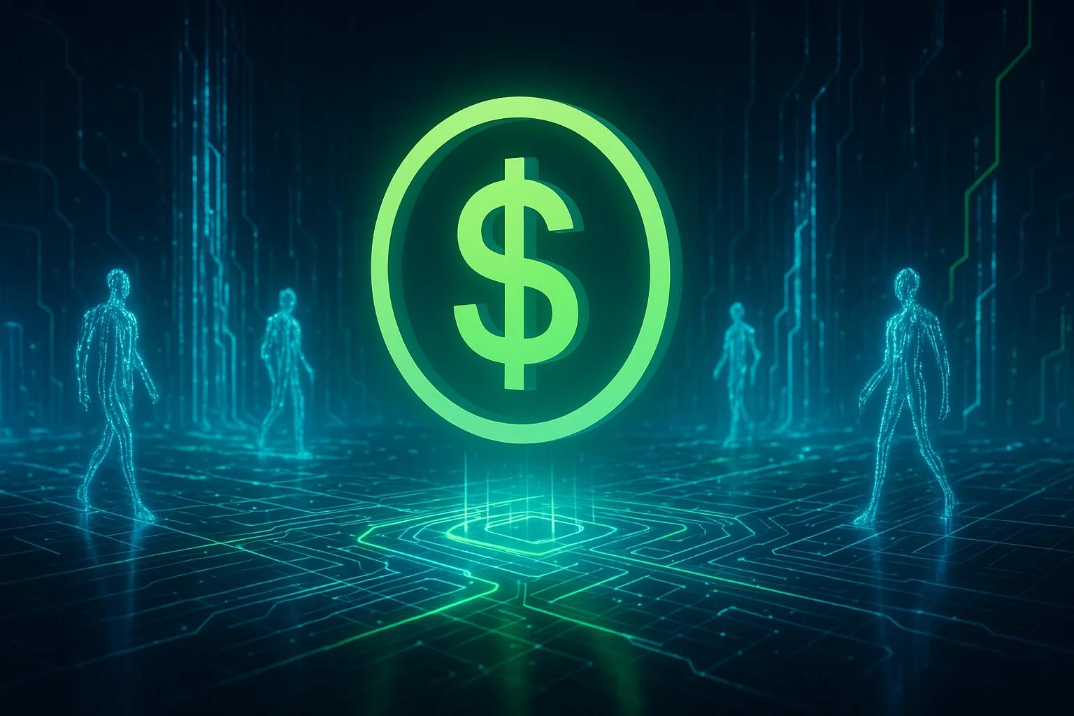Glowing green dollar symbol with digital figures