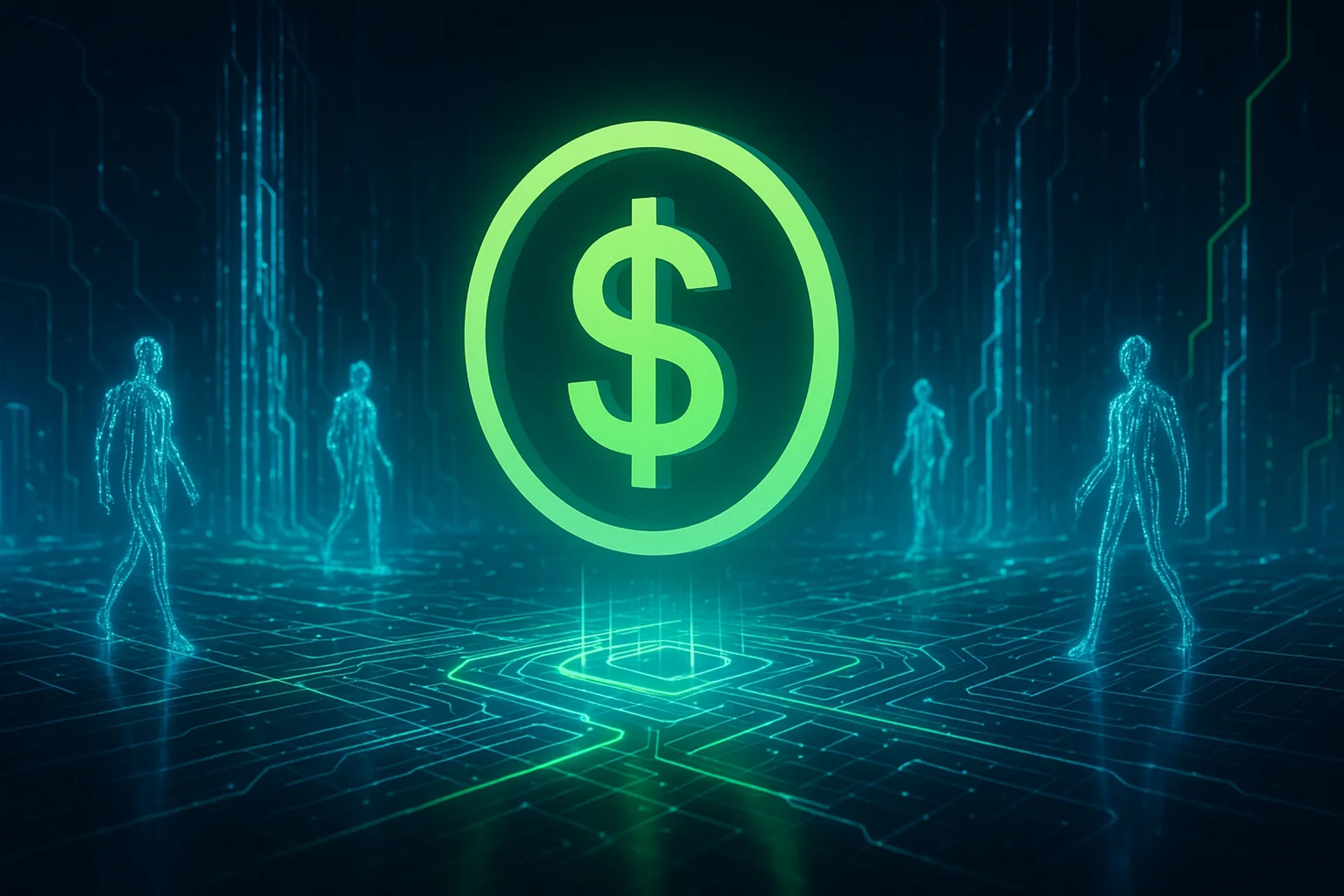 Glowing green dollar symbol with digital figures