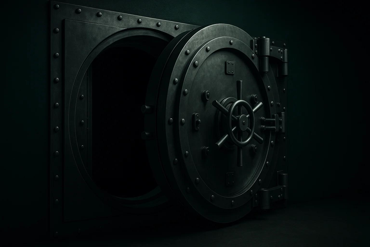 A large, dark metal vault door slightly open