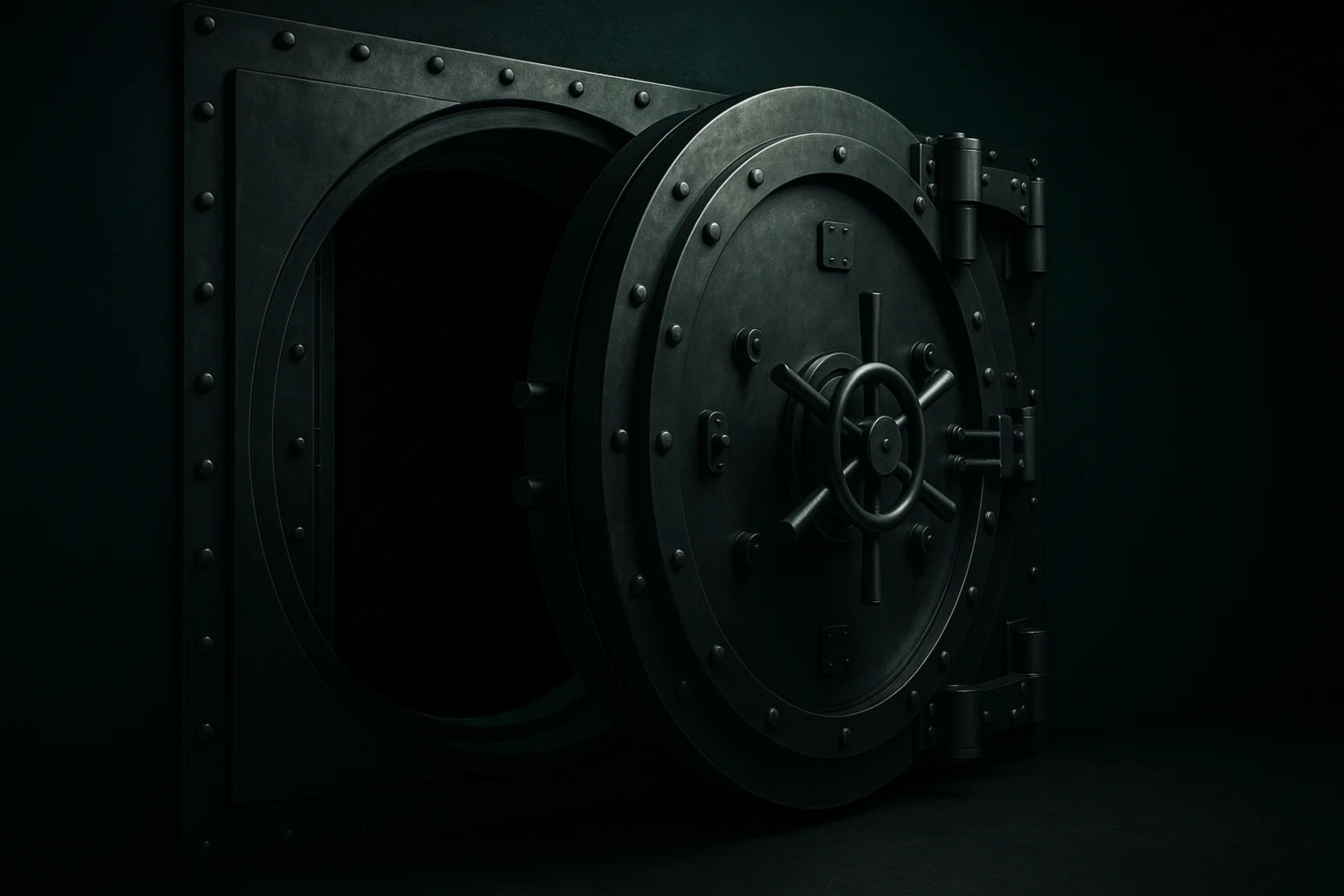 A large, dark metal vault door slightly open