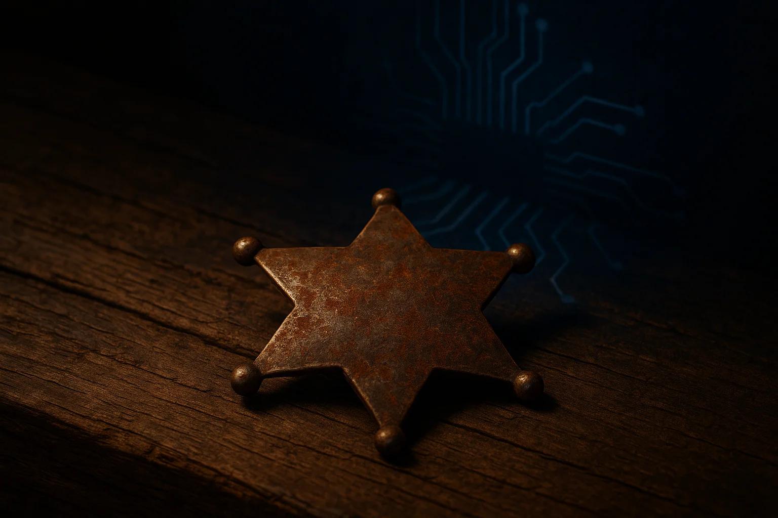 Rusty star badge on a wooden surface