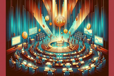 A futuristic trading floor with Bitcoin symbols