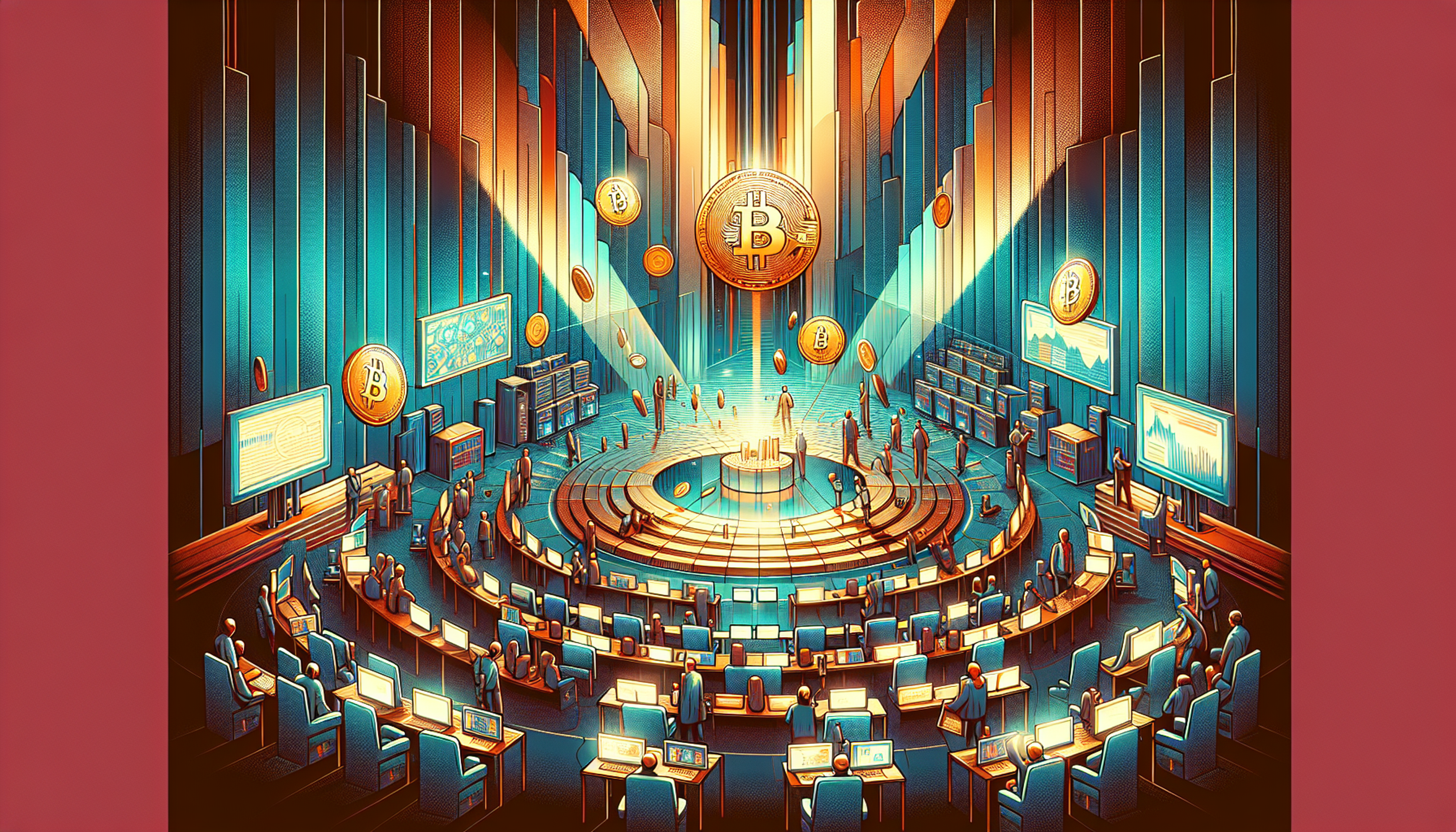 A futuristic trading floor with Bitcoin symbols