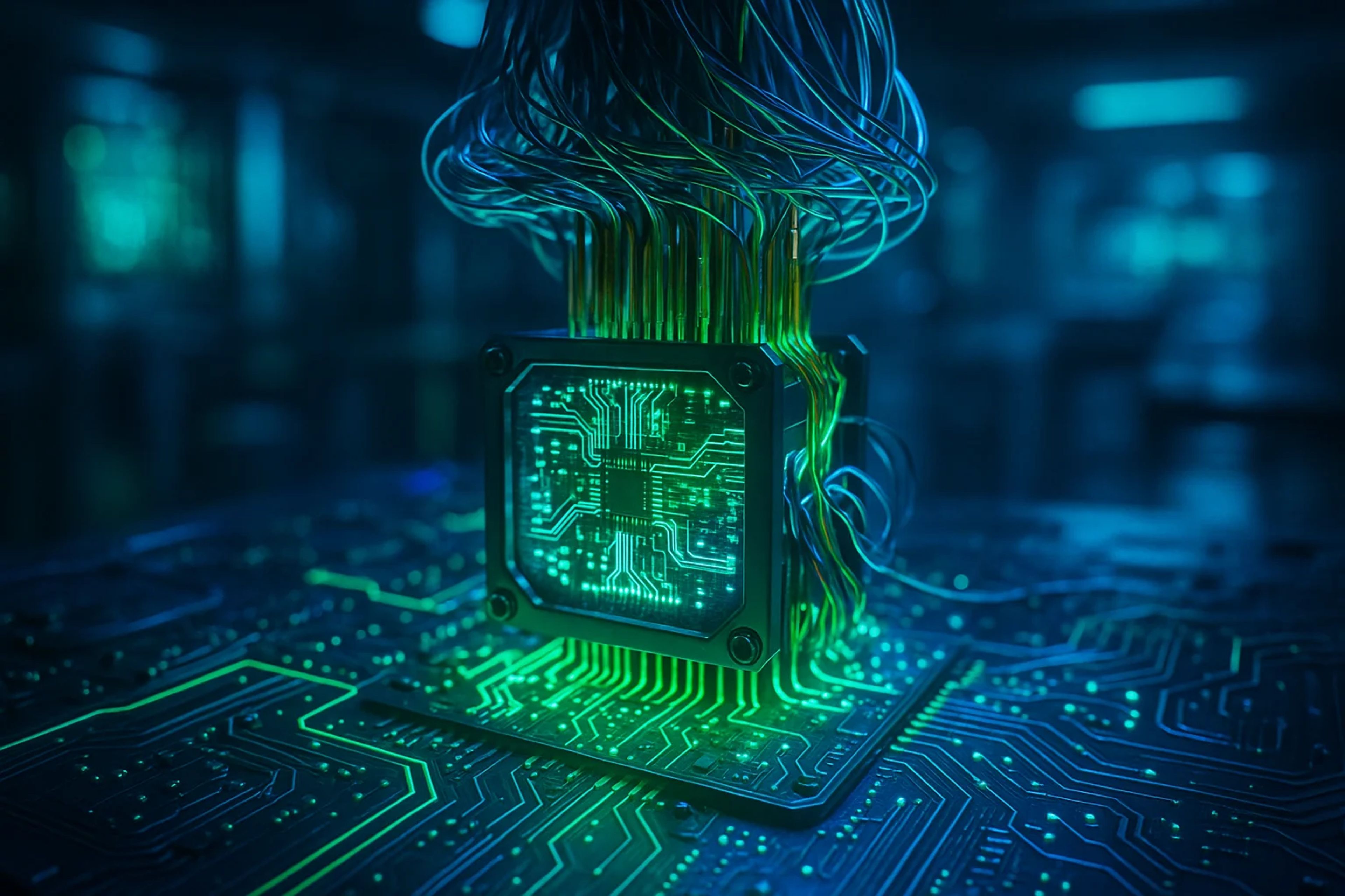 A glowing green circuit board with wires
