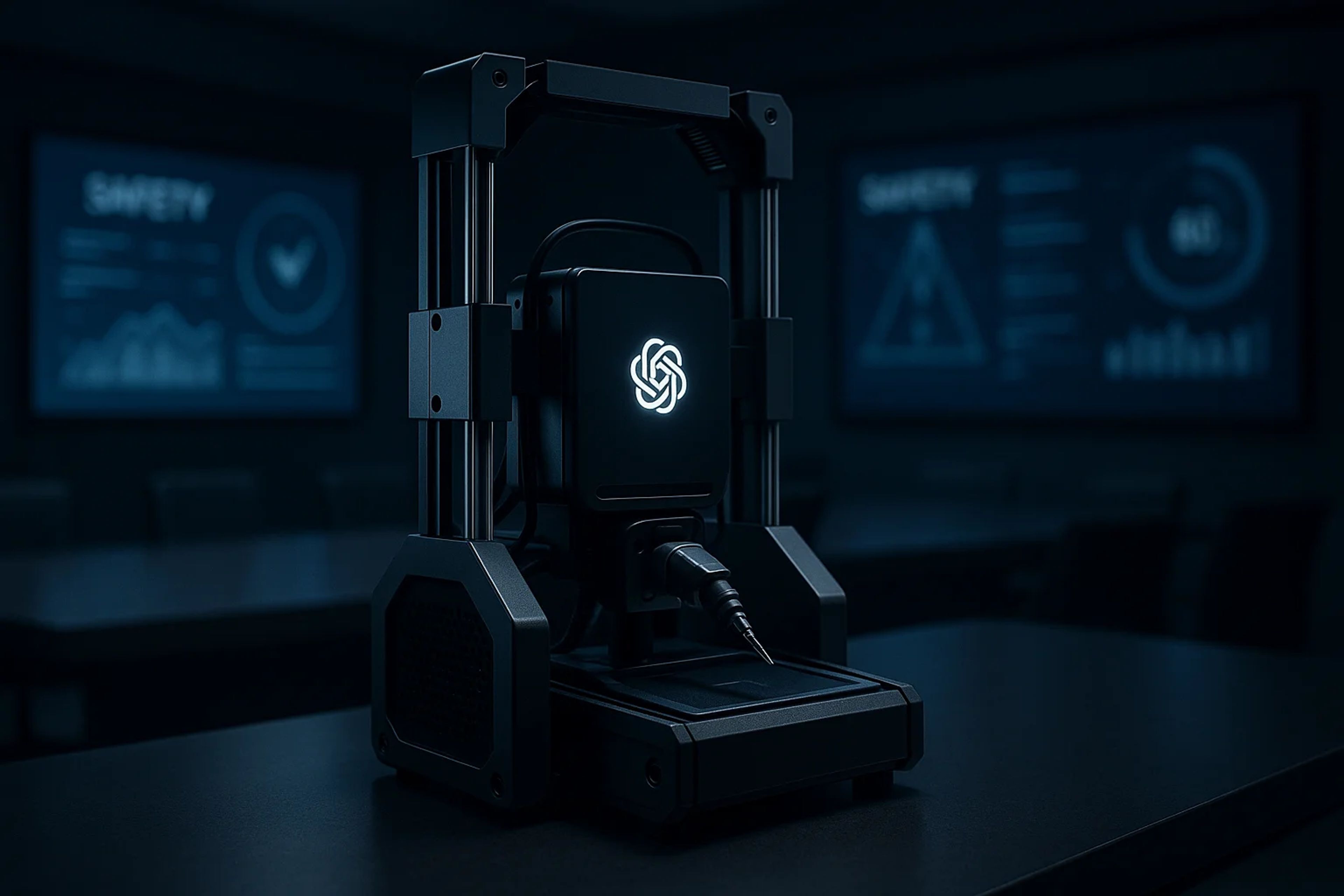 A sleek device with a glowing logo on a dark table