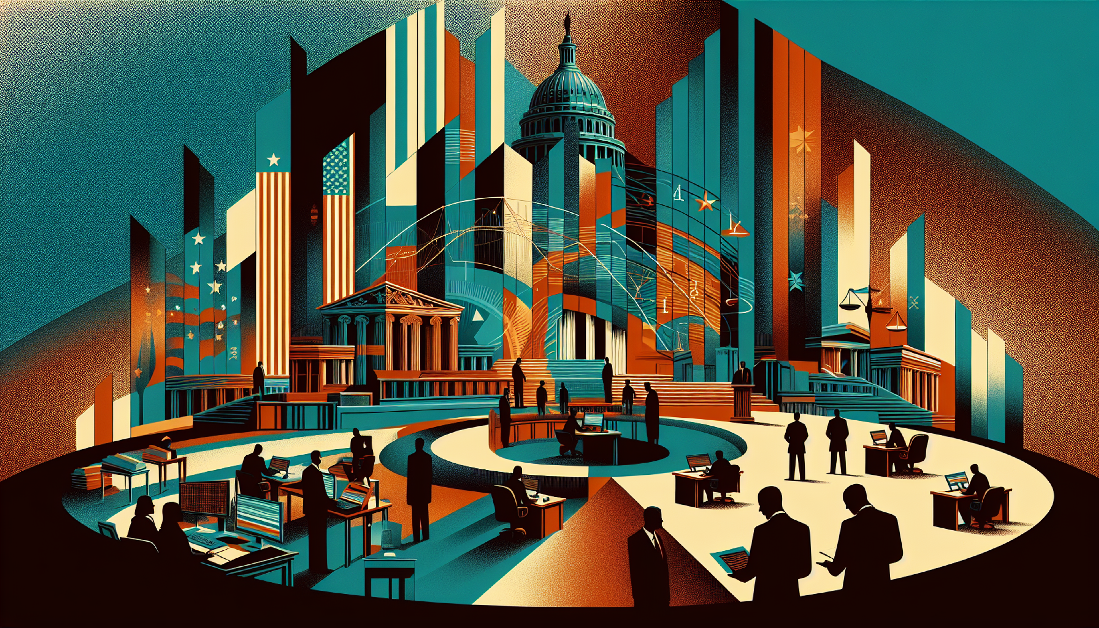 Stylized cityscape with government buildings and