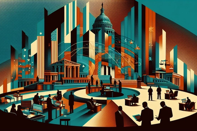Stylized cityscape with government buildings and
