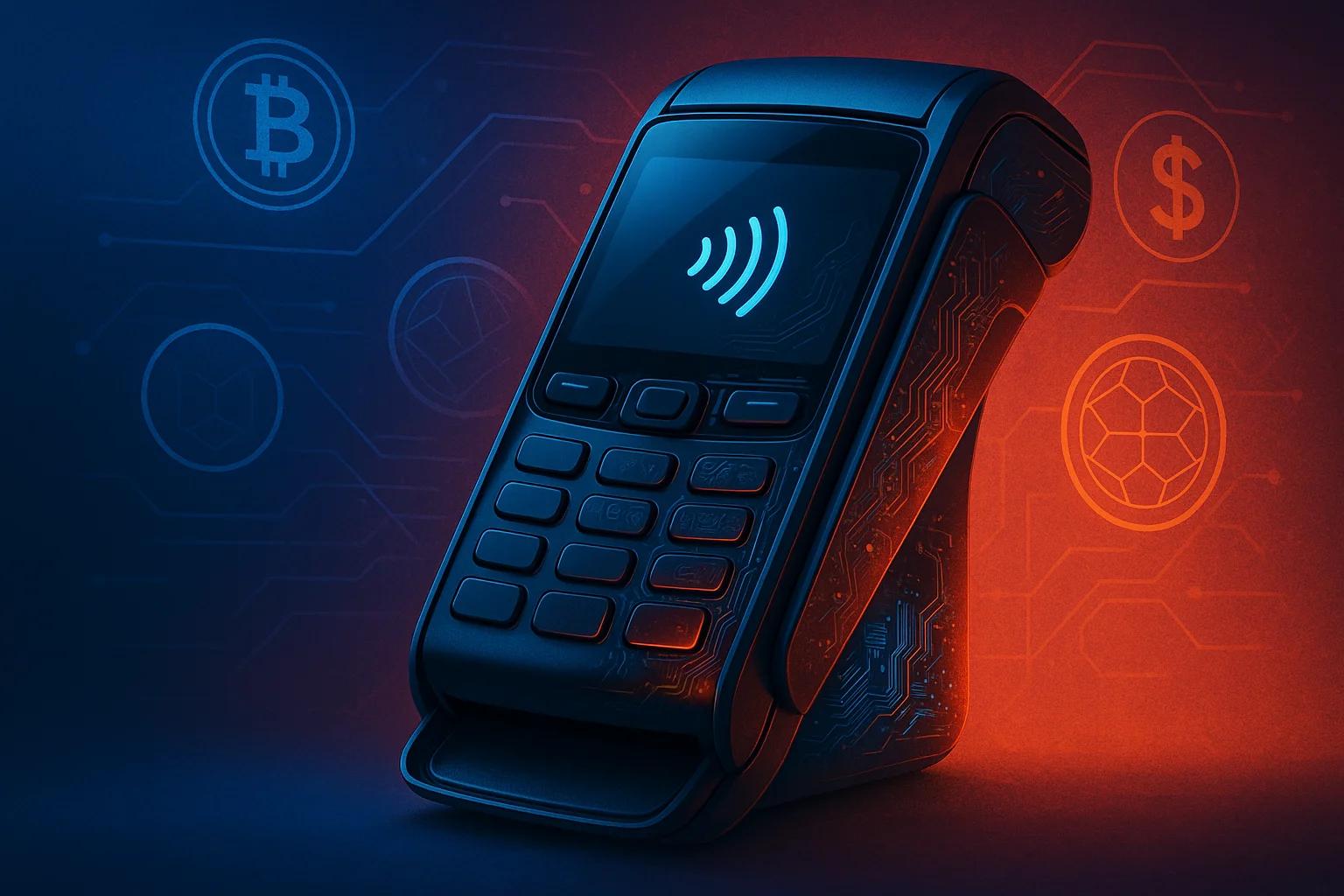 A modern payment terminal with a glowing screen