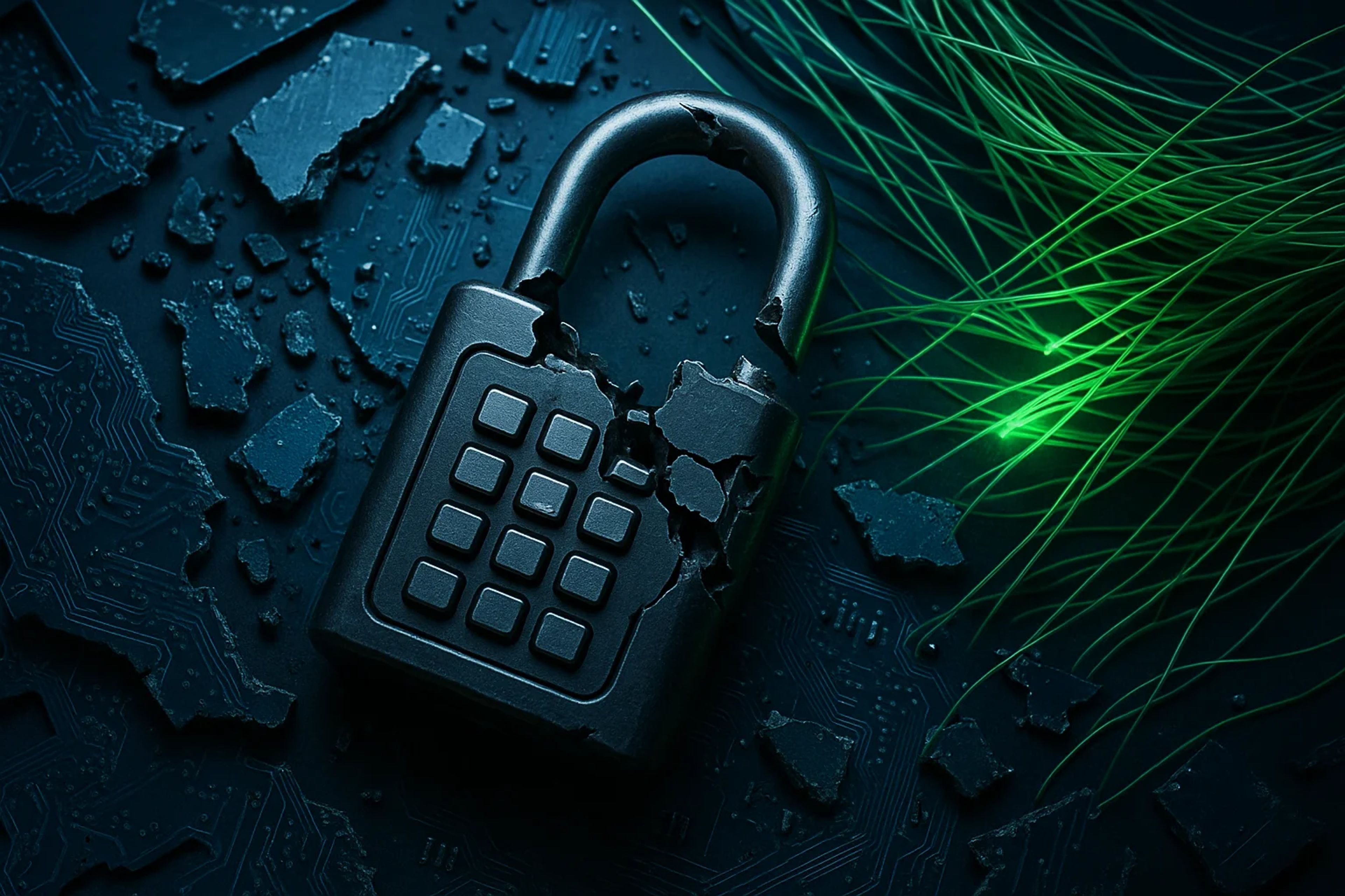 A broken padlock on a dark surface with green