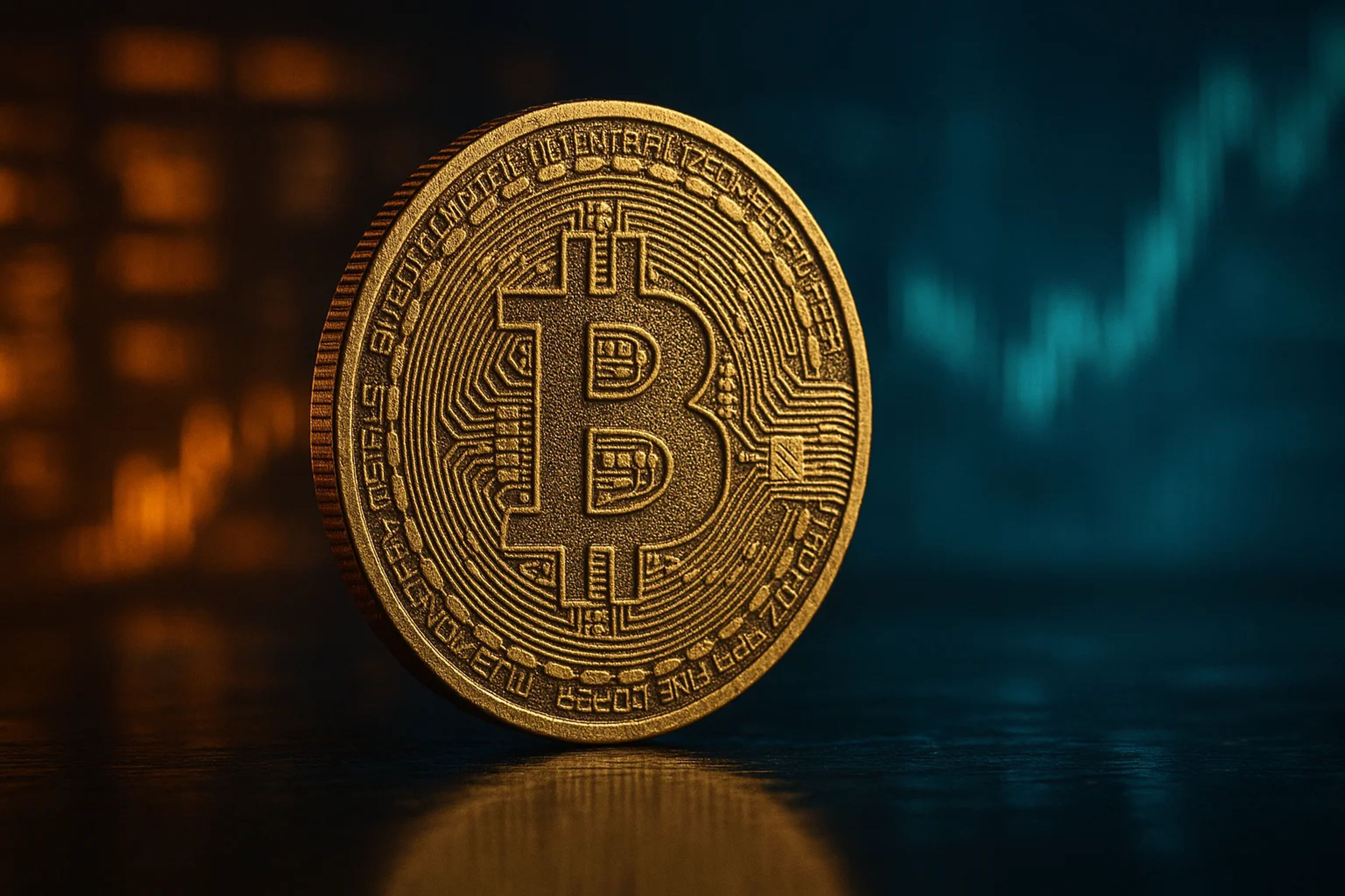 A shiny gold Bitcoin on a dark surface