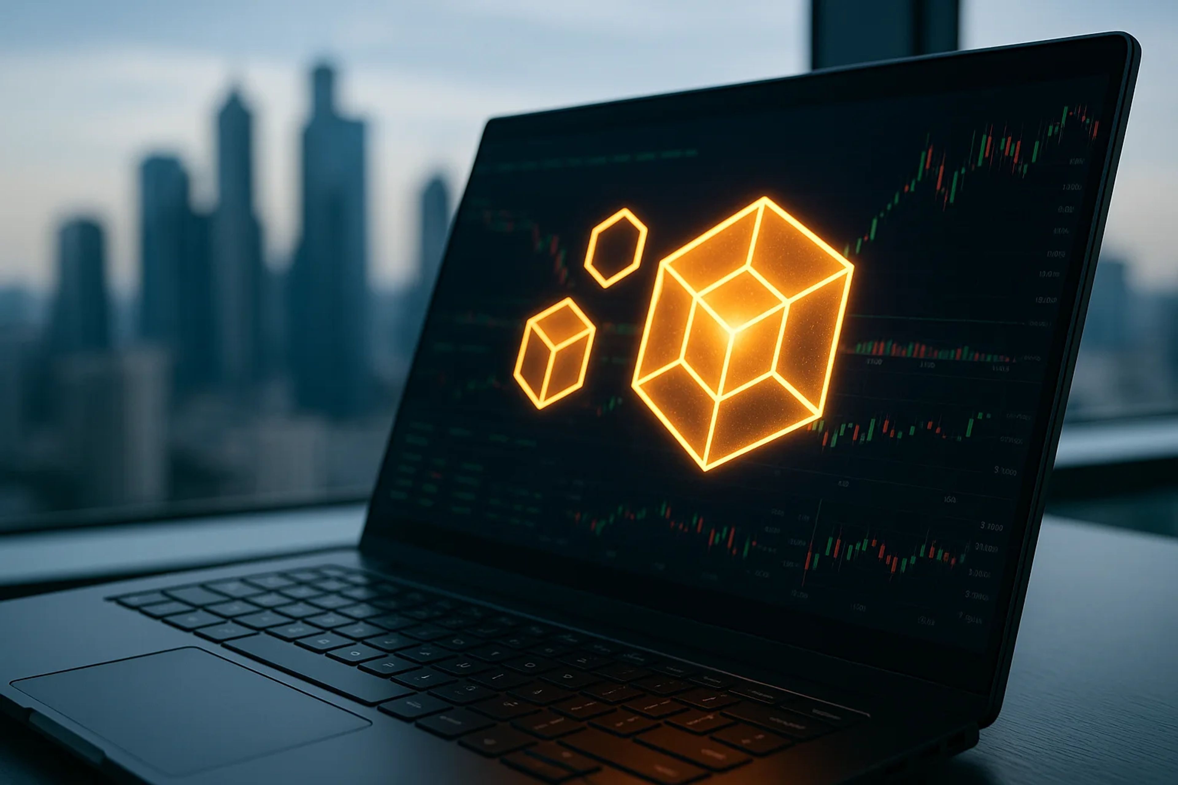 Laptop displaying glowing geometric shapes with