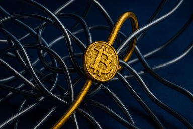 A golden Bitcoin symbol entwined in metallic wires