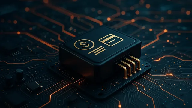A black microchip on a circuit board with glowing