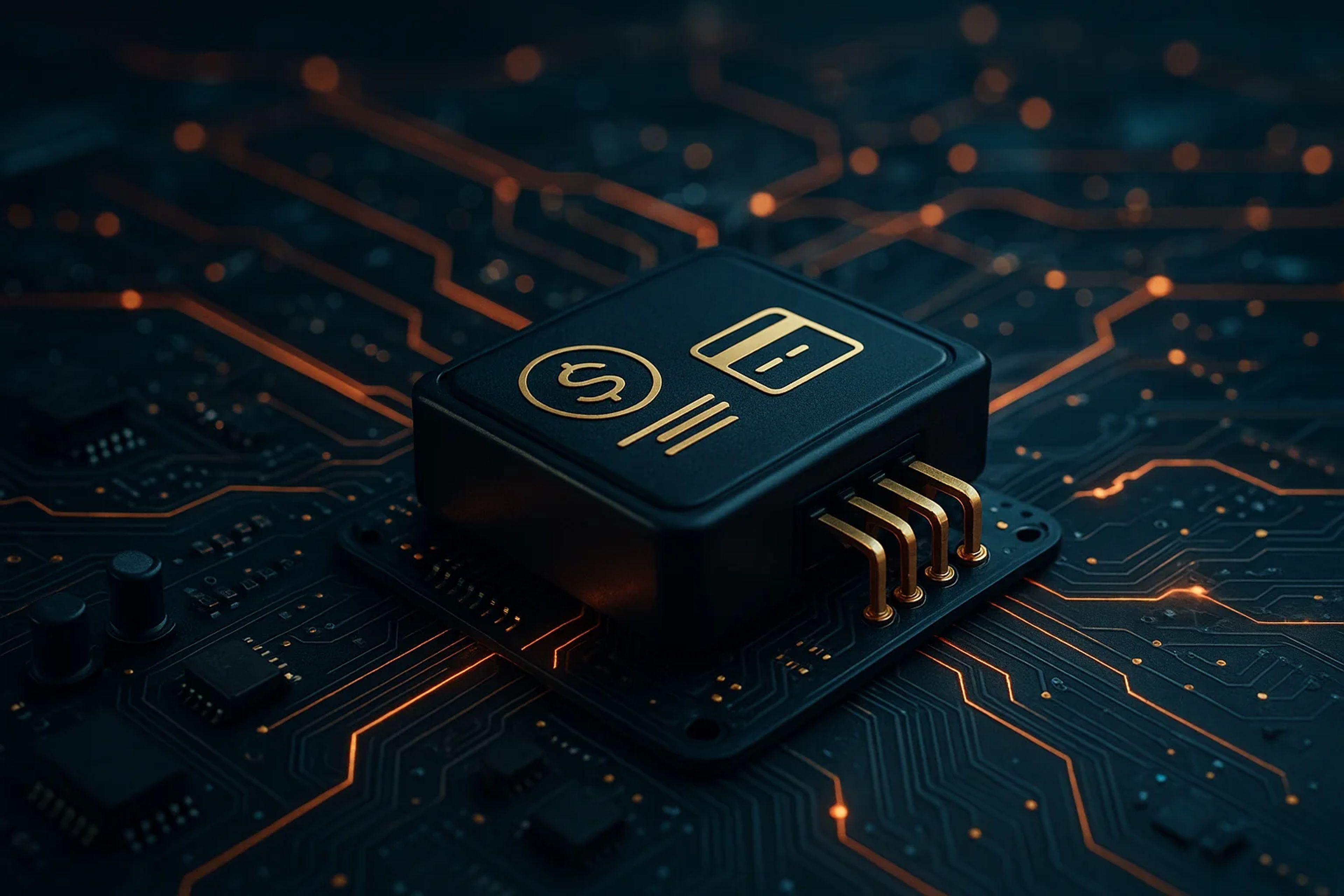 A black microchip on a circuit board with glowing