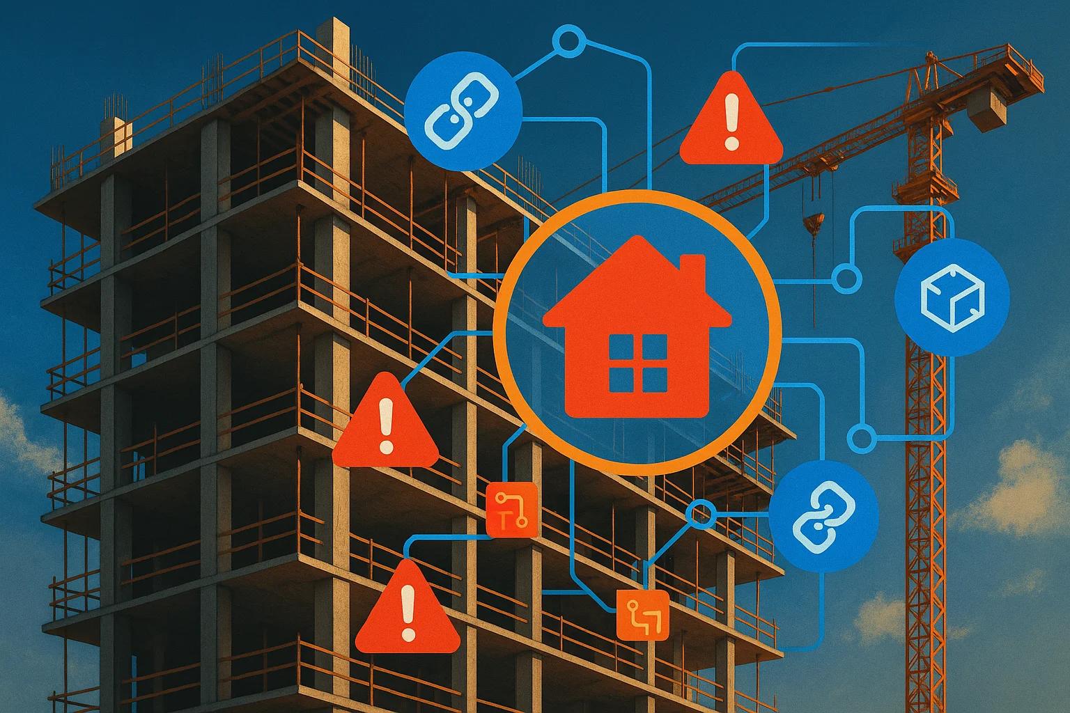 Construction site with a building and icons