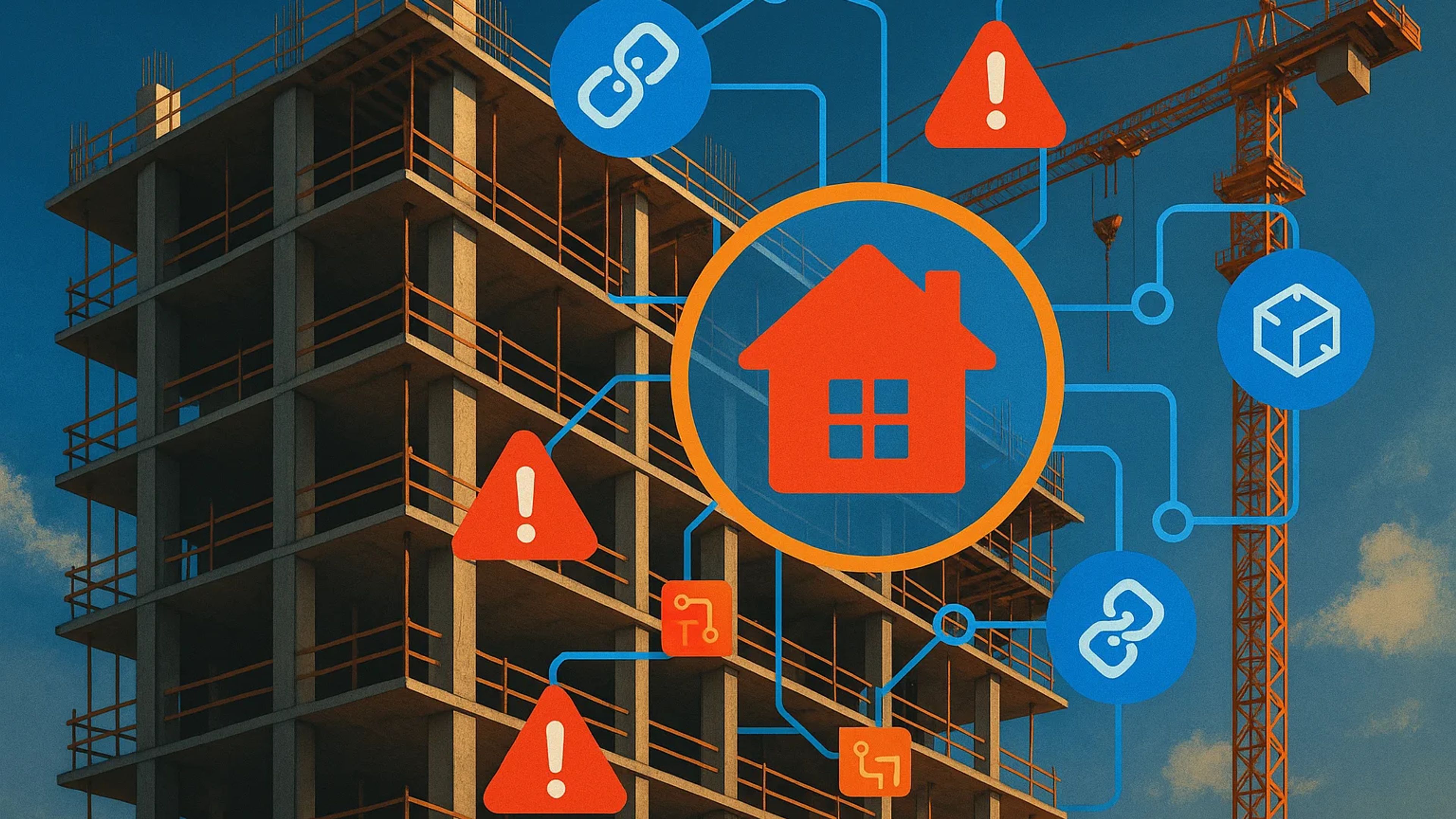 Construction site with a building and icons