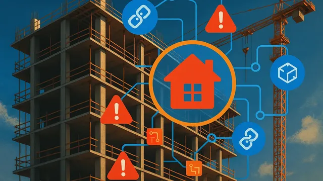 Construction site with a building and icons