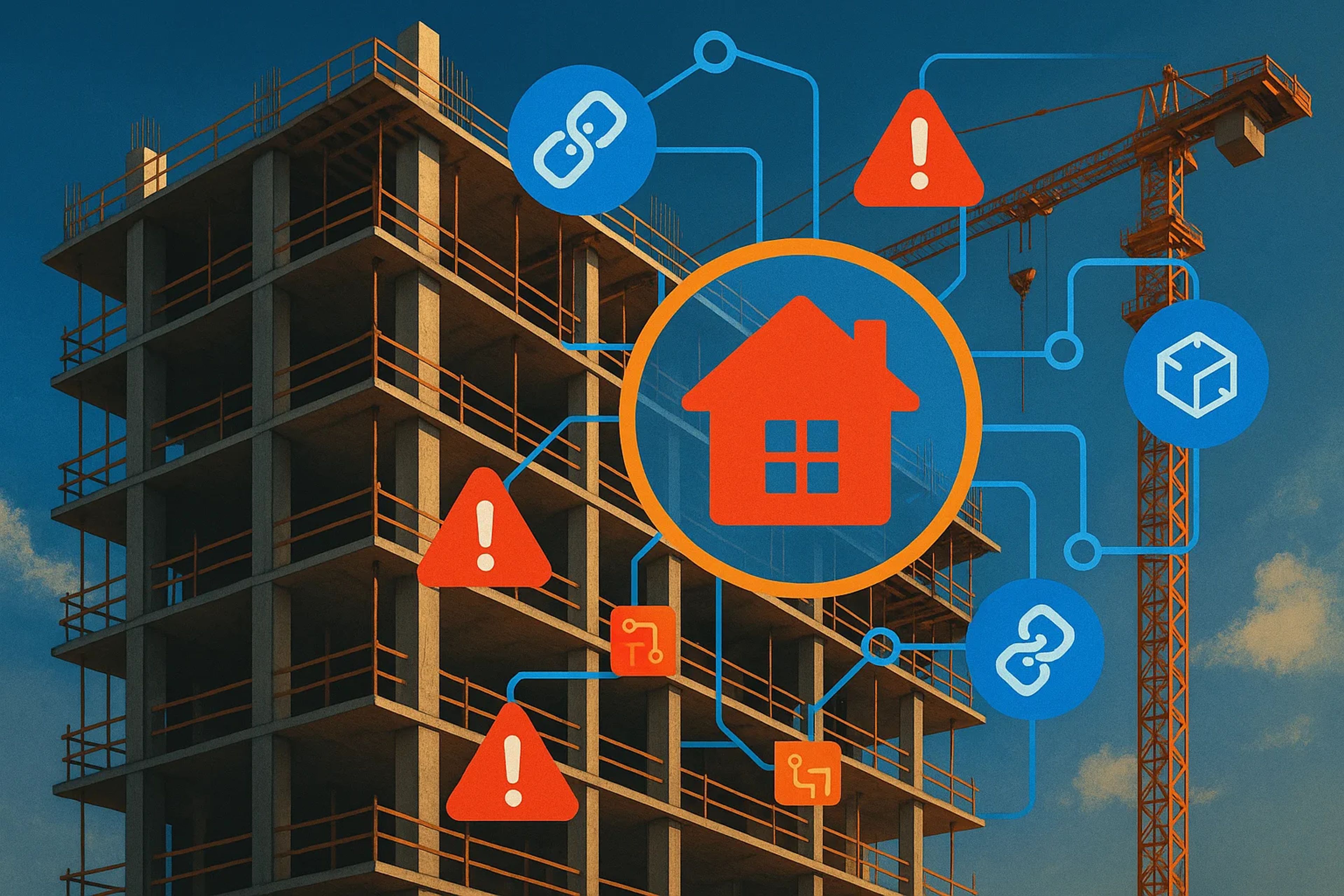 Construction site with a building and icons