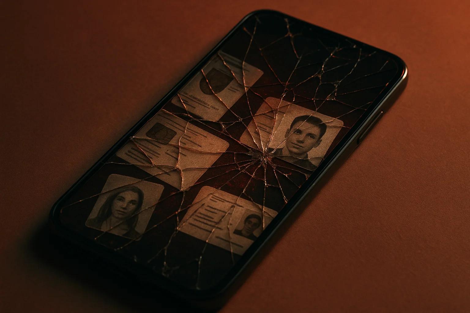 A cracked smartphone screen displaying several
