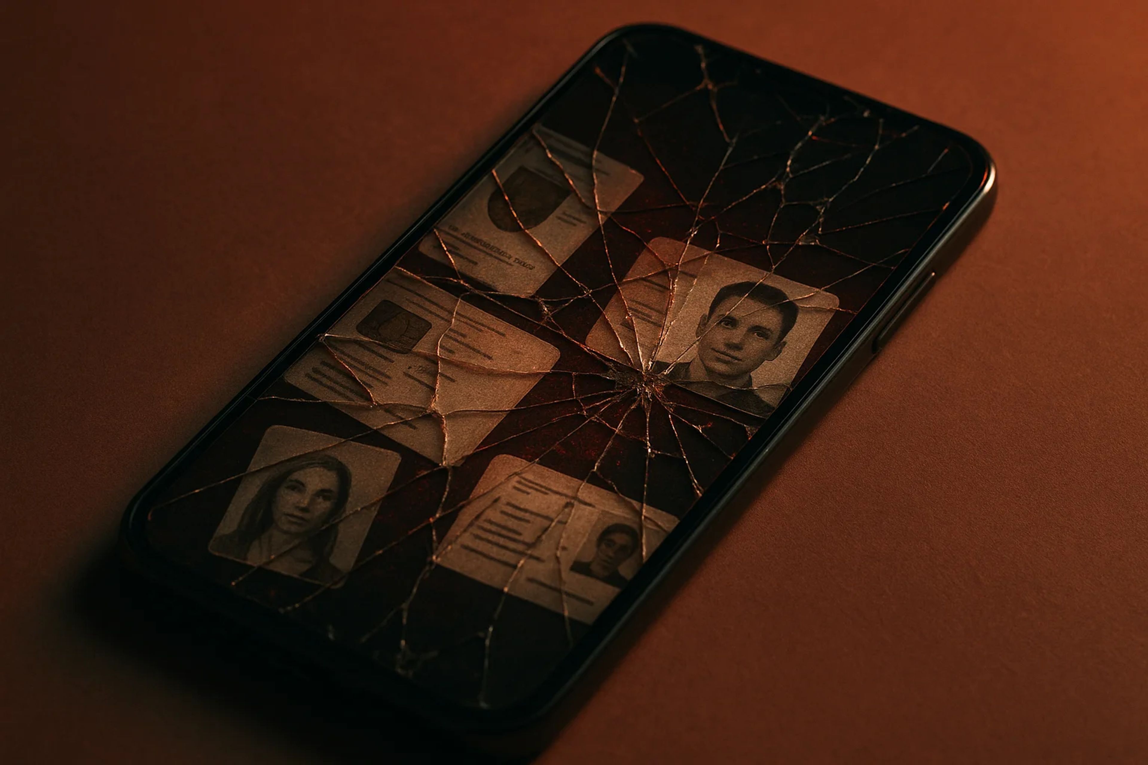 A cracked smartphone screen displaying several