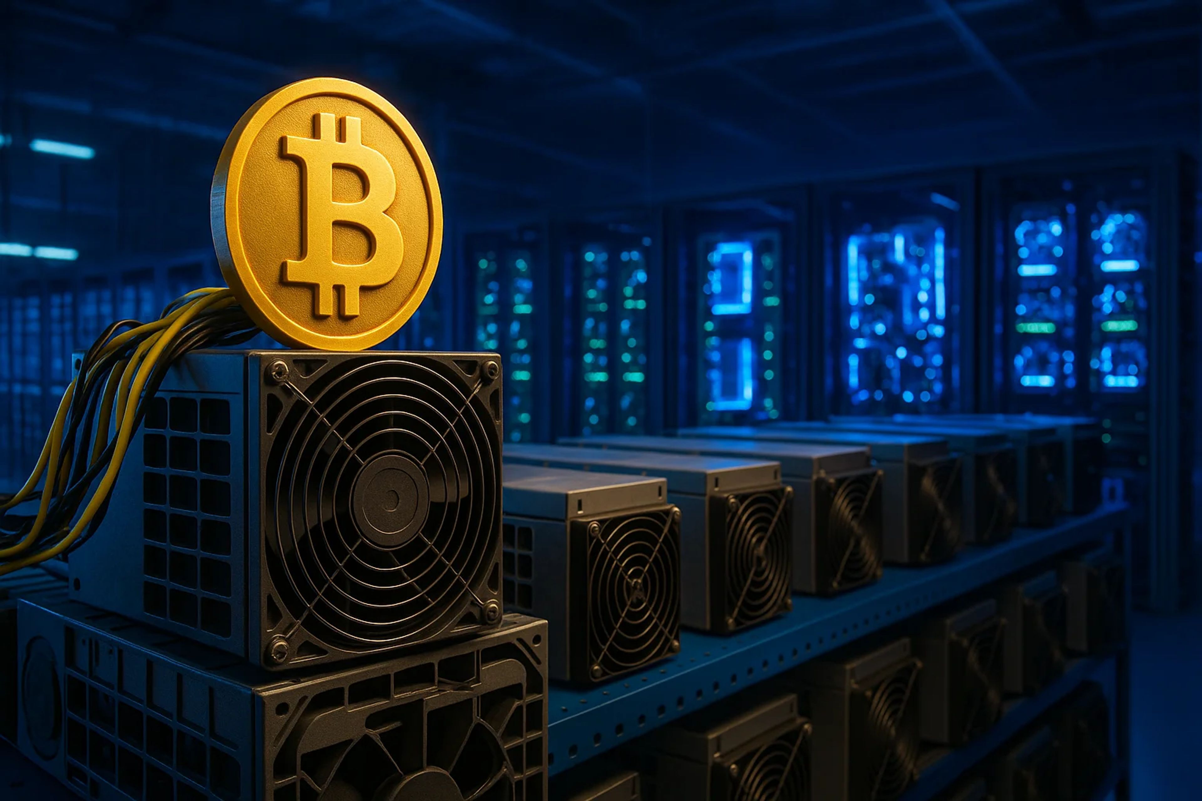 A gold Bitcoin symbol on top of a computer server